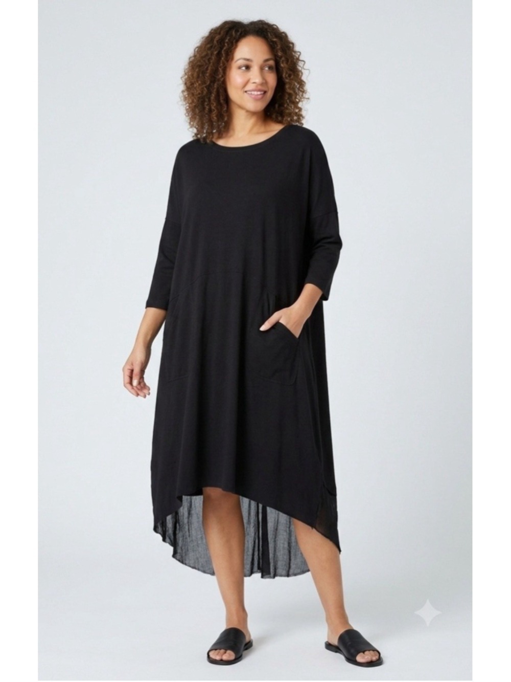 RAQUEL ALLEGRA Black Hi Low Midi Dress Small/1 Pockets Oversize Lagenlook Boho